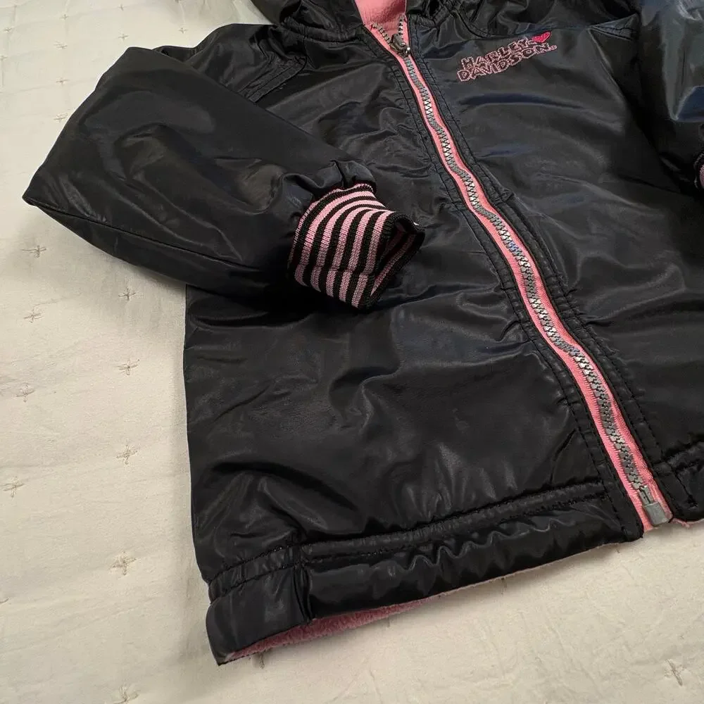 Harley-Davidson Reversible Hoodie Jacket Girls 4T Black Pink Biker Coat